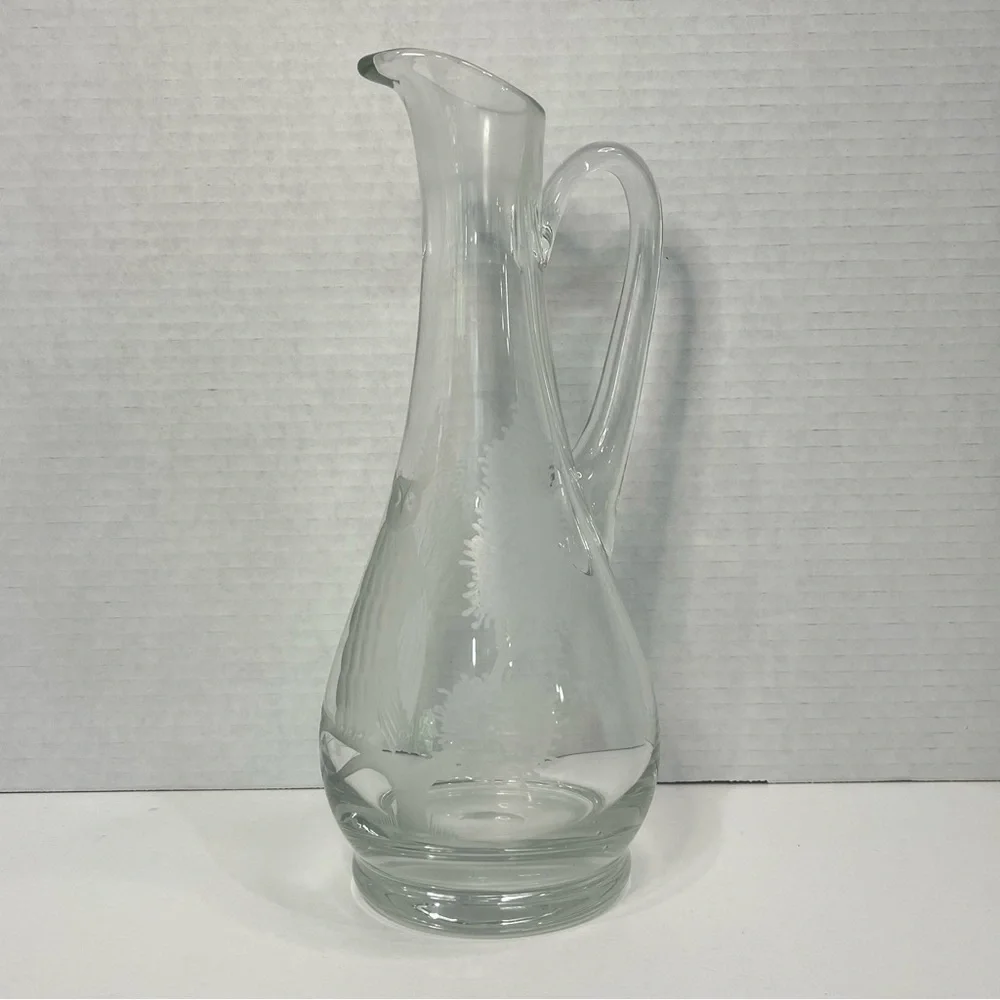 Etched Clear Glass Long Neck Bar Carafe 11” Owl Tree Branch Elegant Barware